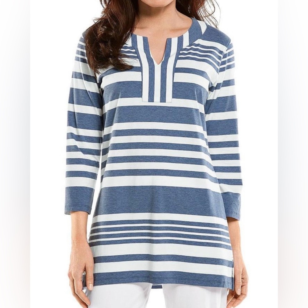Coolibar St. Lucia Tunic Top blue/white stripe Swim Coverup women’s Sz M UPF 50+